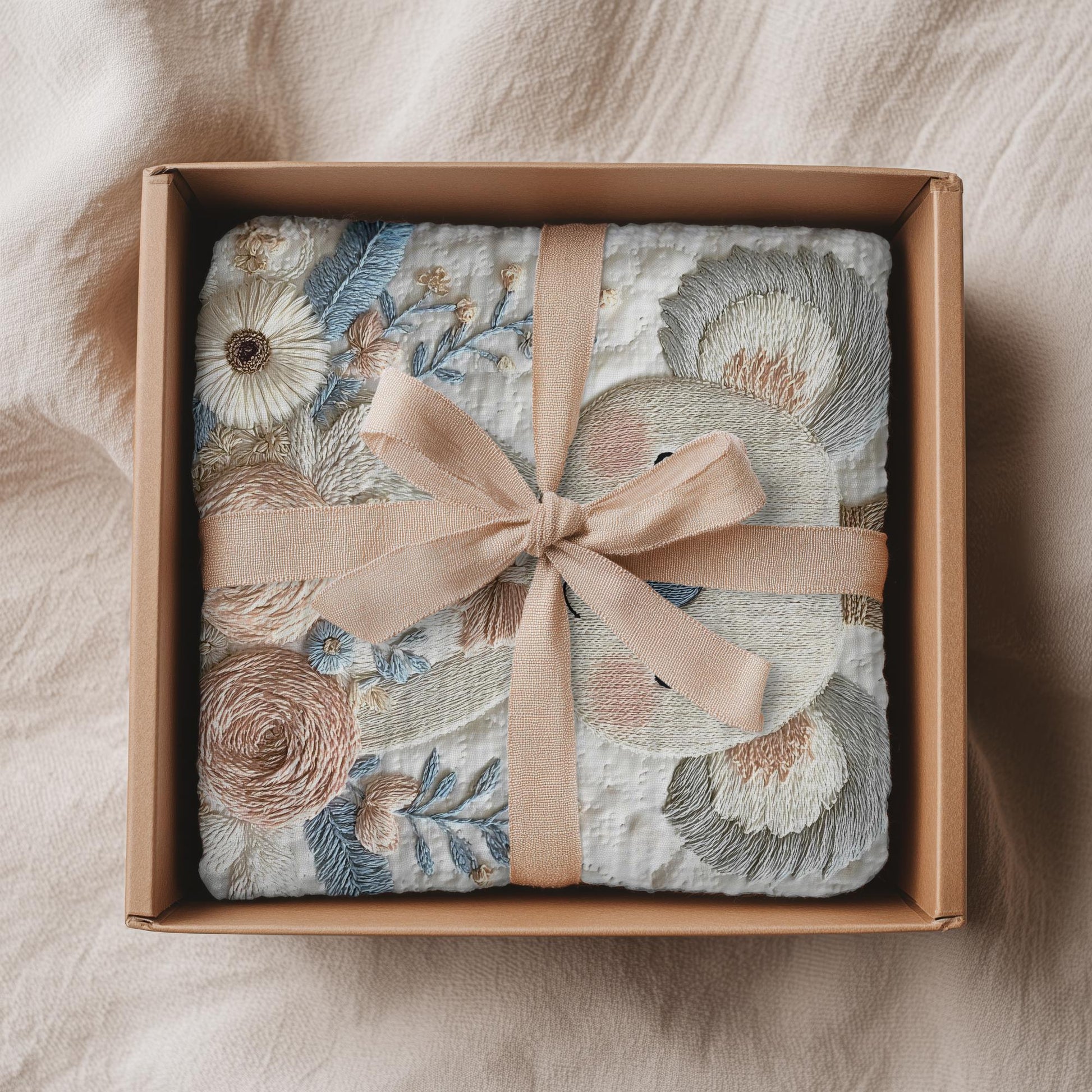 Koala bear baby blanket with embroidered-look floral design in gentle neutral tones. A cozy newborn blanket and timeless baby gift for girls