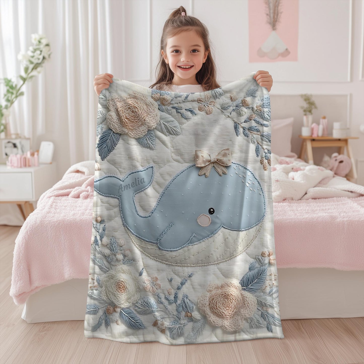 This embroidered look baby blanket features a gentle whale with a delicate bow, surrounded by soft floral elements in calming blue, cream, and natural tones.
