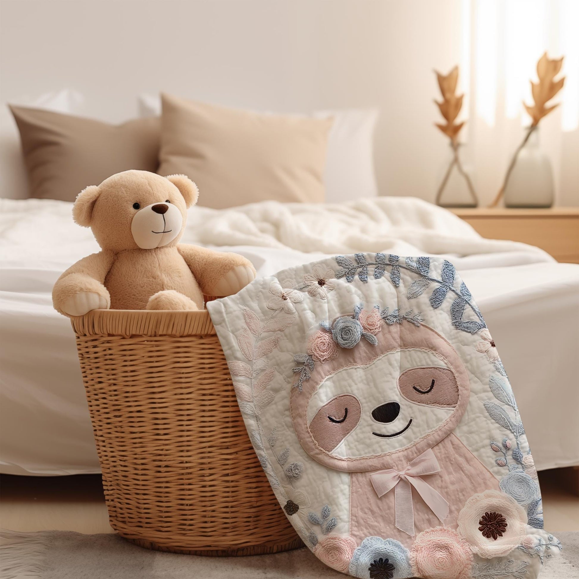 Embroidered Look Baby Blanket • Sloth Floral • Neutral Nursery Decor • Soft Newborn Blanket • Boutique Baby Gift