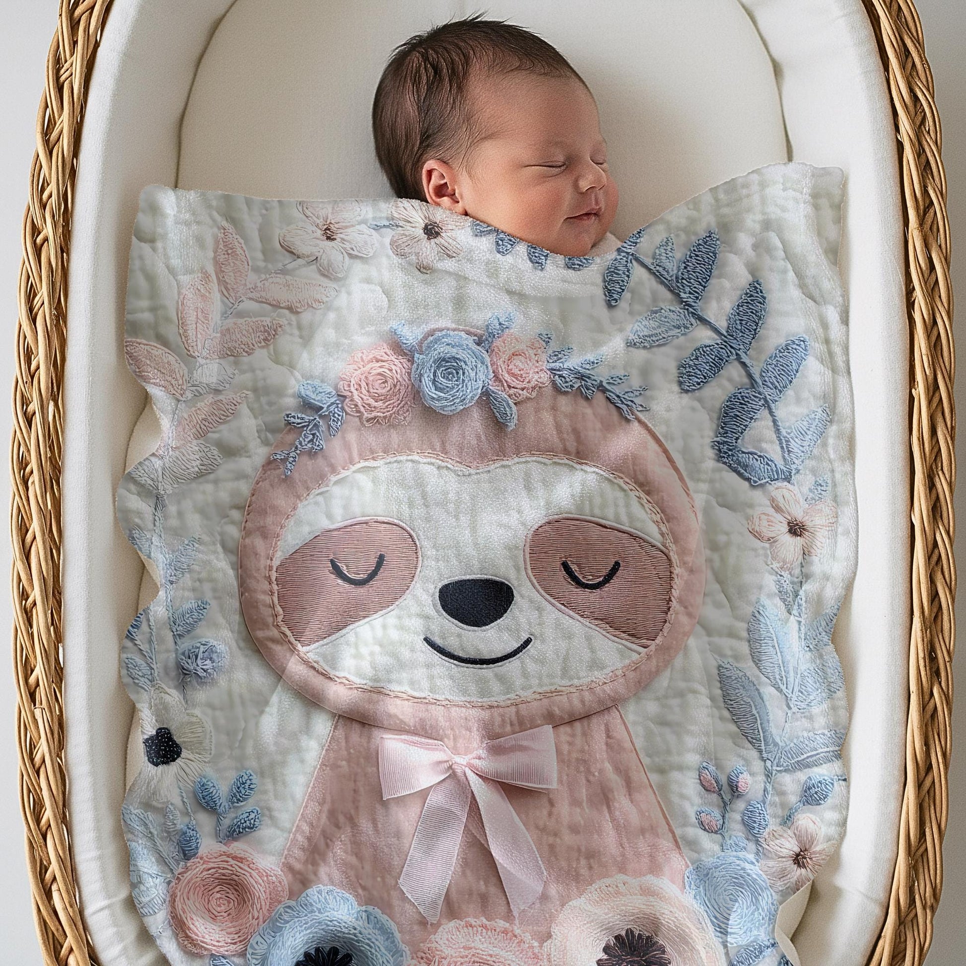 Embroidered Look Baby Blanket • Sloth Floral • Neutral Nursery Decor • Soft Newborn Blanket • Boutique Baby Gift