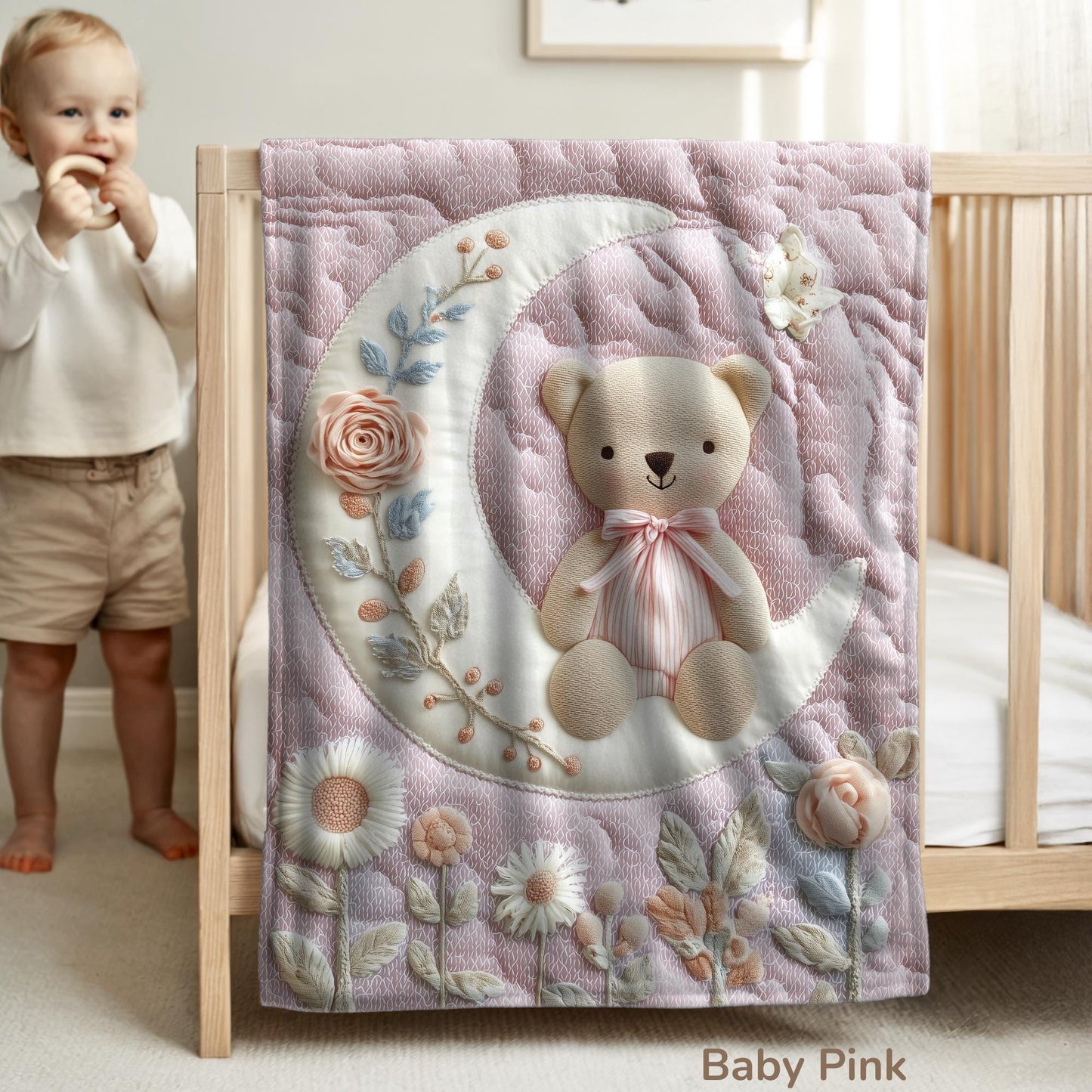 Soft embroidered-look teddy bear baby blanket with pastel florals. Neutral tones, cozy fabric — a boutique newborn gift for calm, modern nursery decor.