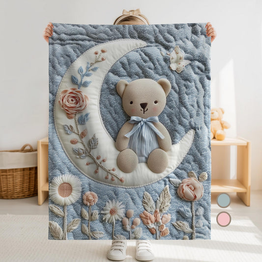 Soft embroidered-look teddy bear baby blanket with pastel florals. Neutral tones, cozy fabric — a boutique newborn gift for calm, modern nursery decor.