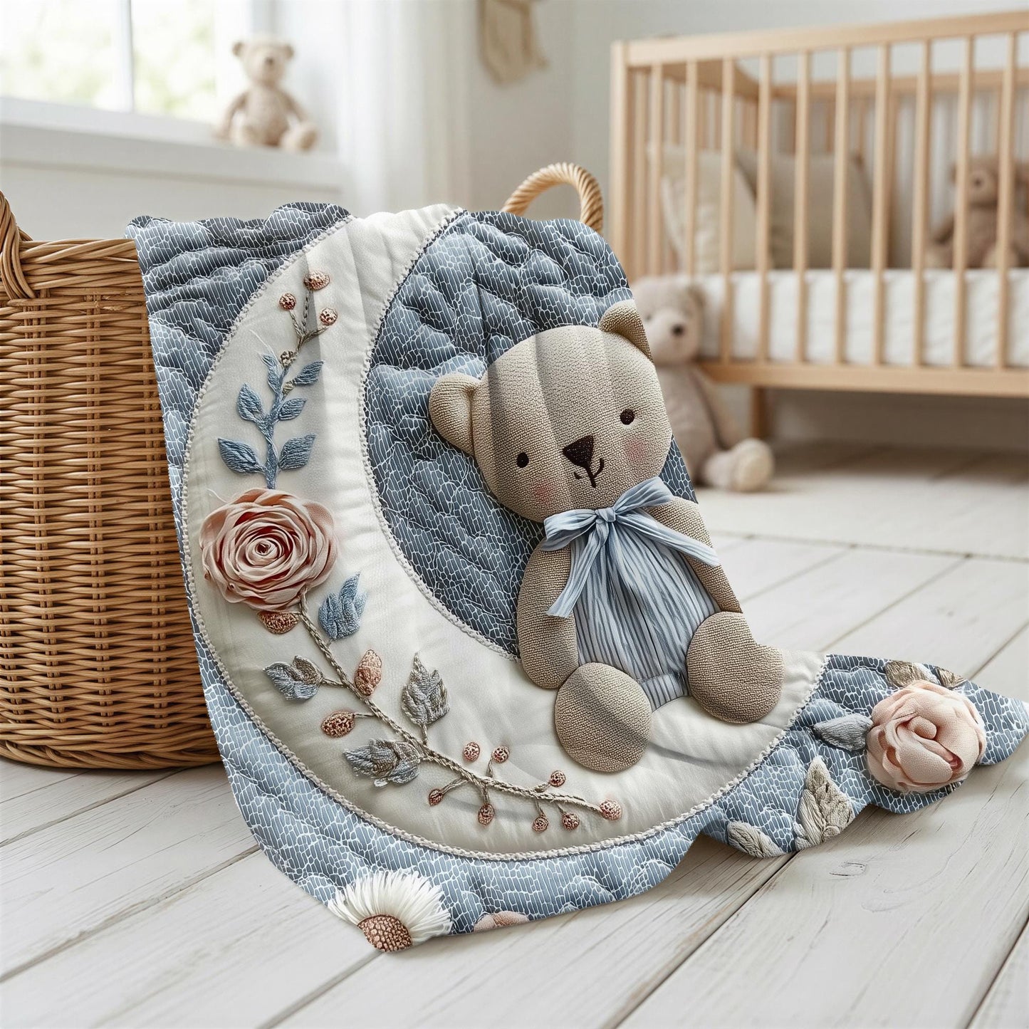 Soft embroidered-look teddy bear baby blanket with pastel florals. Neutral tones, cozy fabric — a boutique newborn gift for calm, modern nursery decor.