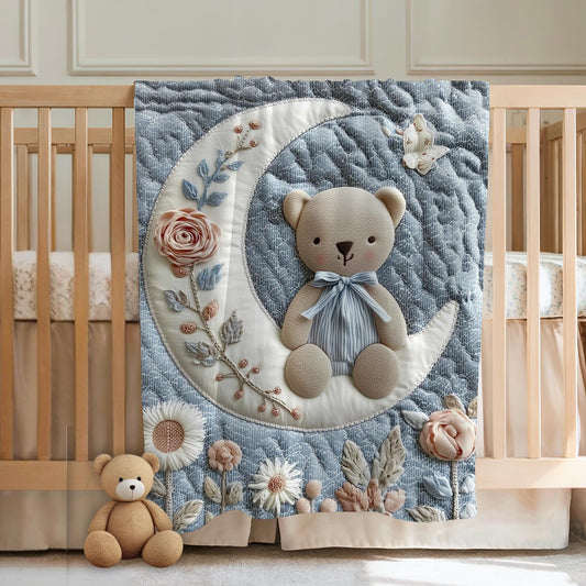 Soft embroidered-look teddy bear baby blanket with pastel florals. Neutral tones, cozy fabric — a boutique newborn gift for calm, modern nursery decor.