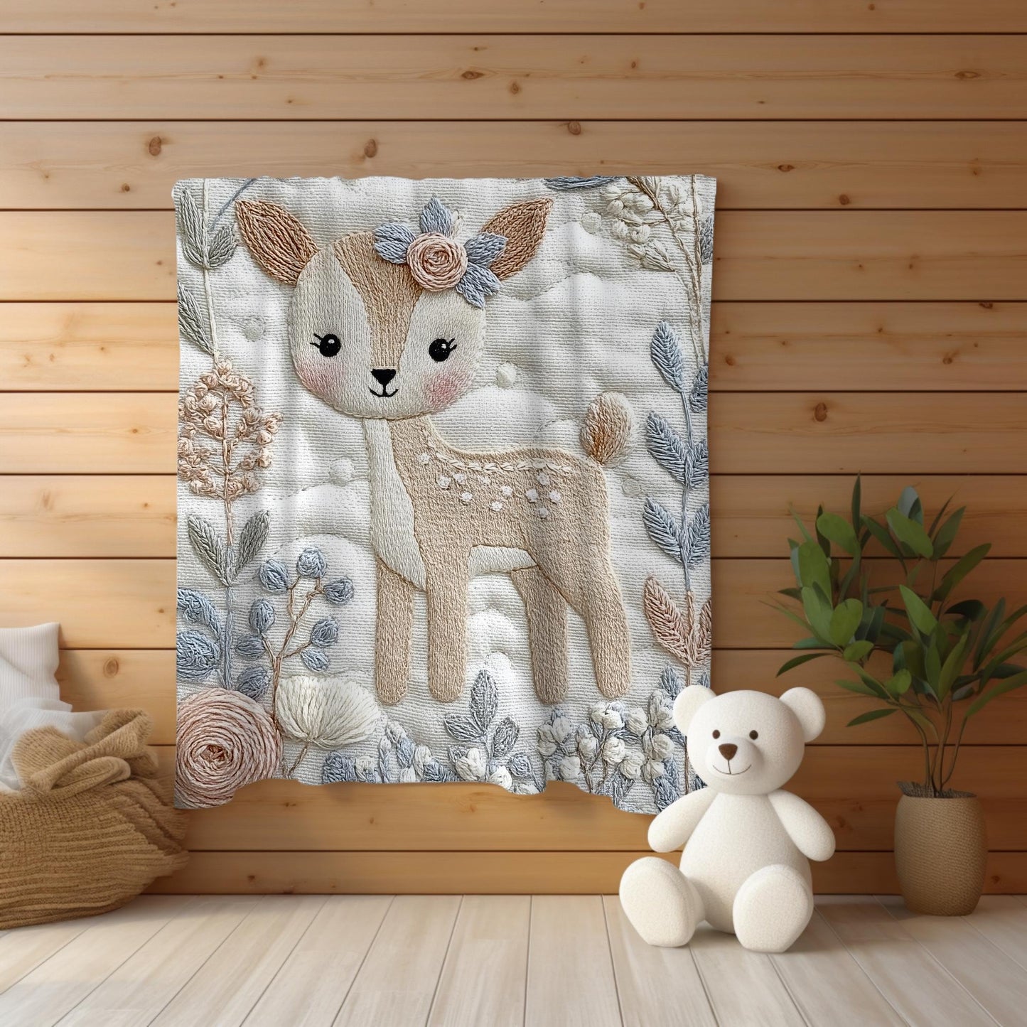 Deer Baby blanket with embroidered-look details in soft neutral colors. A cozy newborn blanket and timeless boutique baby gift.