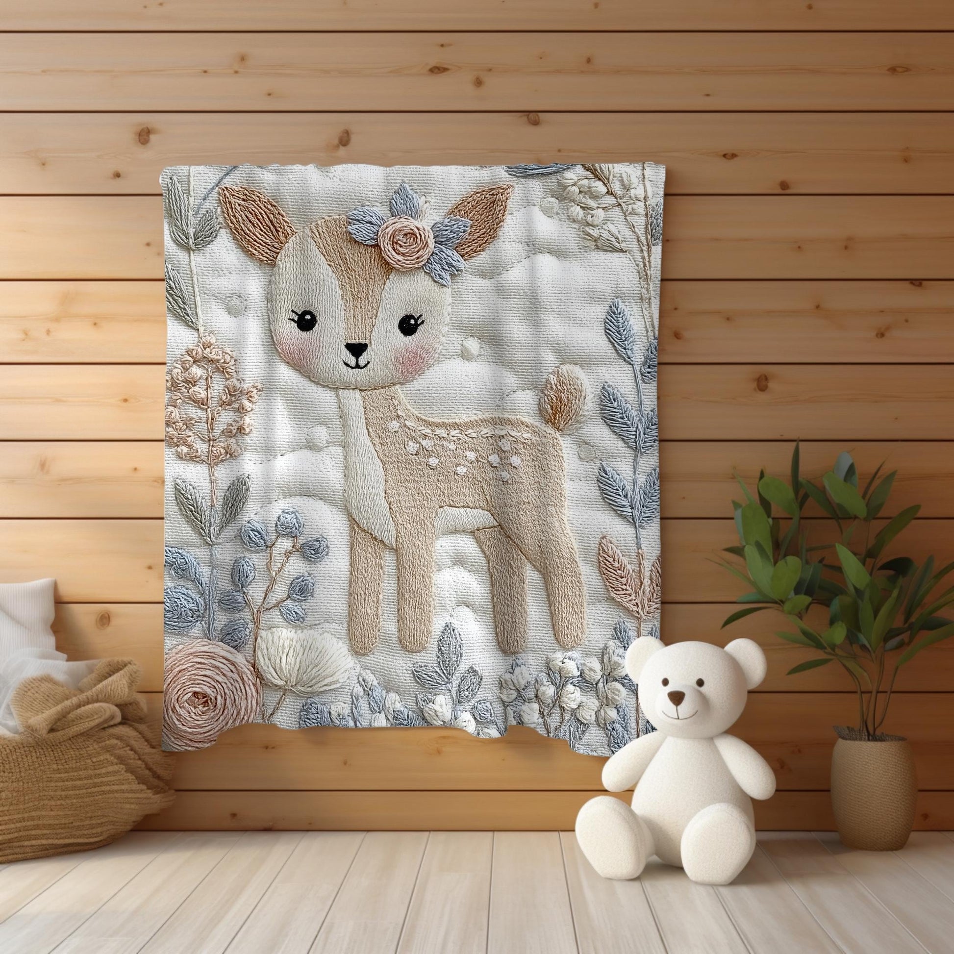Deer Baby blanket with embroidered-look details in soft neutral colors. A cozy newborn blanket and timeless boutique baby gift.