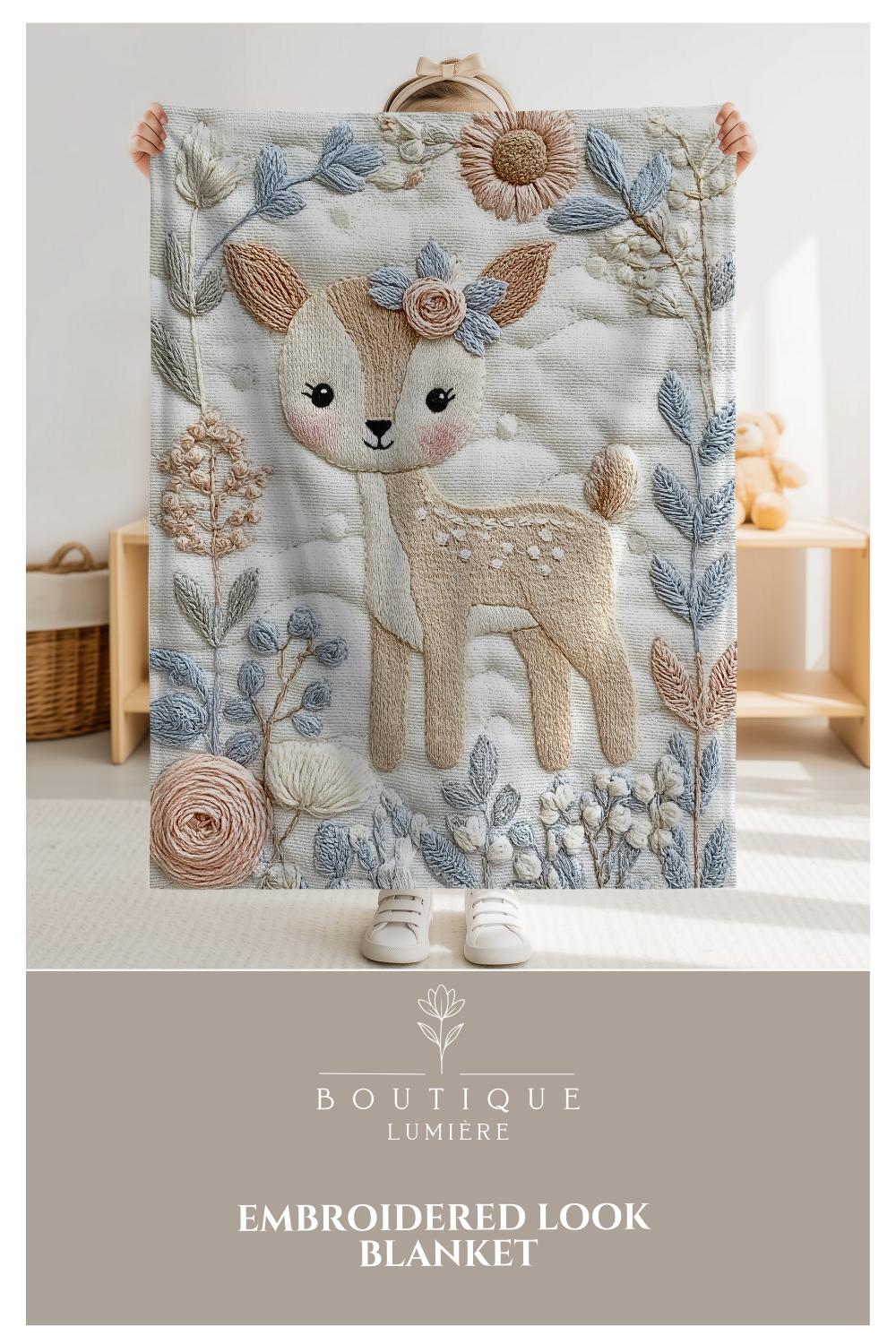 Deer Baby blanket with embroidered-look details in soft neutral colors. A cozy newborn blanket and timeless boutique baby gift.
