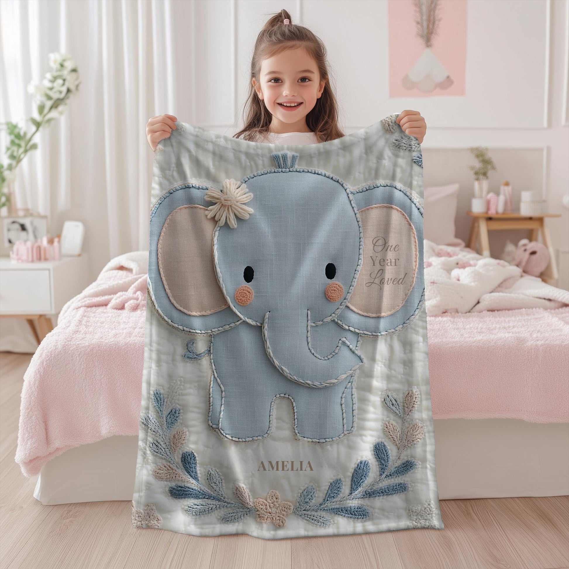 Soft embroidered-look baby blanket featuring a calm pastel elephant in a timeless quilted style. Designed to celebrate a baby’s first birthday or to create a meaningful personalized keepsake, this blanket blends gentle nursery aesthetics with a boutique embroidered appearance.