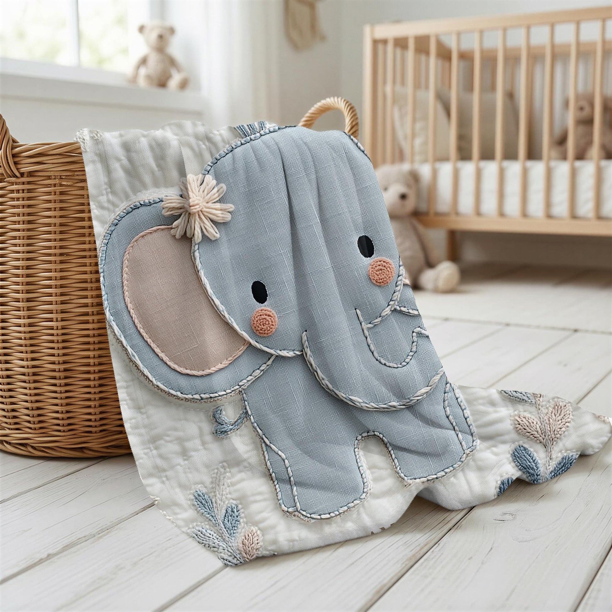 Soft embroidered-look baby blanket featuring a calm pastel elephant in a timeless quilted style. Designed to celebrate a baby’s first birthday or to create a meaningful personalized keepsake, this blanket blends gentle nursery aesthetics with a boutique embroidered appearance.