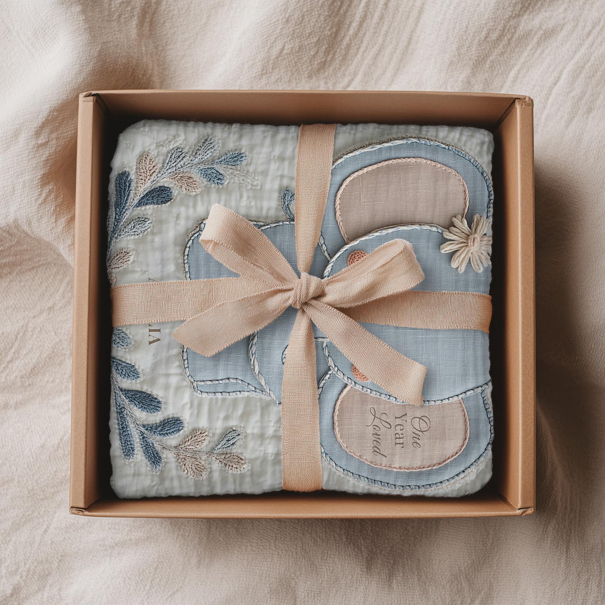 Soft embroidered-look baby blanket featuring a calm pastel elephant in a timeless quilted style. Designed to celebrate a baby’s first birthday or to create a meaningful personalized keepsake, this blanket blends gentle nursery aesthetics with a boutique embroidered appearance.