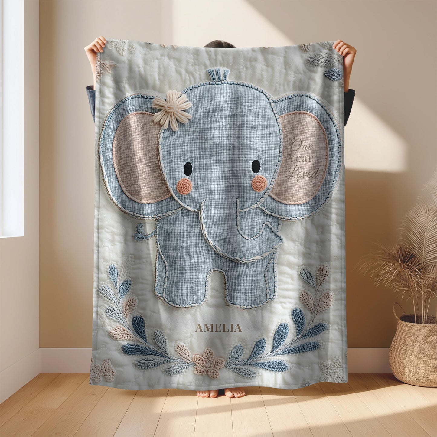 Soft embroidered-look baby blanket featuring a calm pastel elephant in a timeless quilted style. Designed to celebrate a baby’s first birthday or to create a meaningful personalized keepsake, this blanket blends gentle nursery aesthetics with a boutique embroidered appearance.