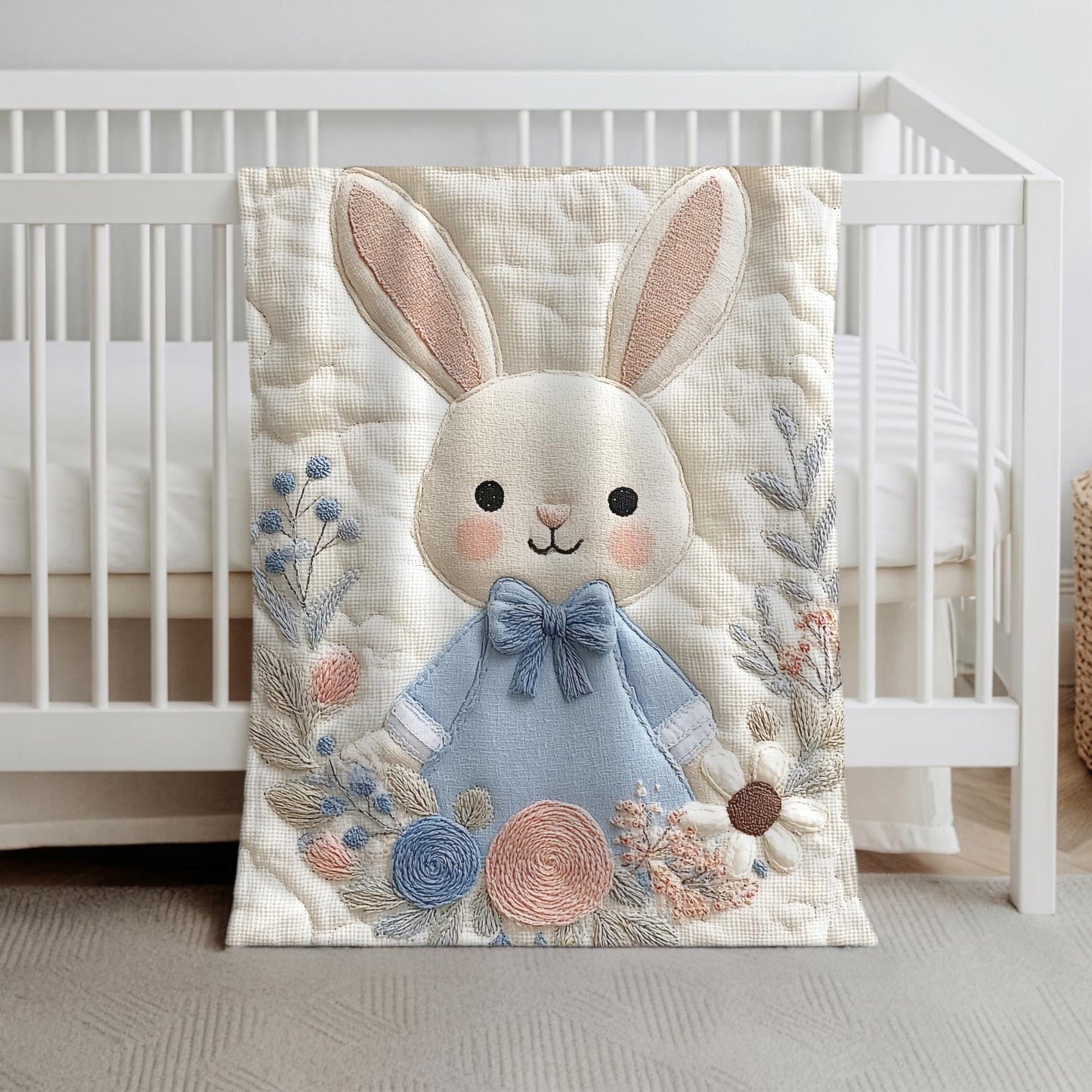 Bunny Baby blanket with embroidered-look details in soft neutral colors. A cozy newborn blanket and timeless boutique baby gift.