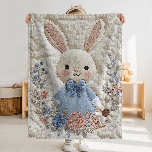 Bunny Baby blanket with embroidered-look details in soft neutral colors. A cozy newborn blanket and timeless boutique baby gift.