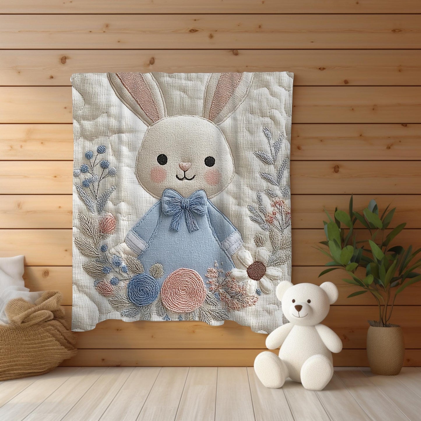 Bunny Baby blanket with embroidered-look details in soft neutral colors. A cozy newborn blanket and timeless boutique baby gift.
