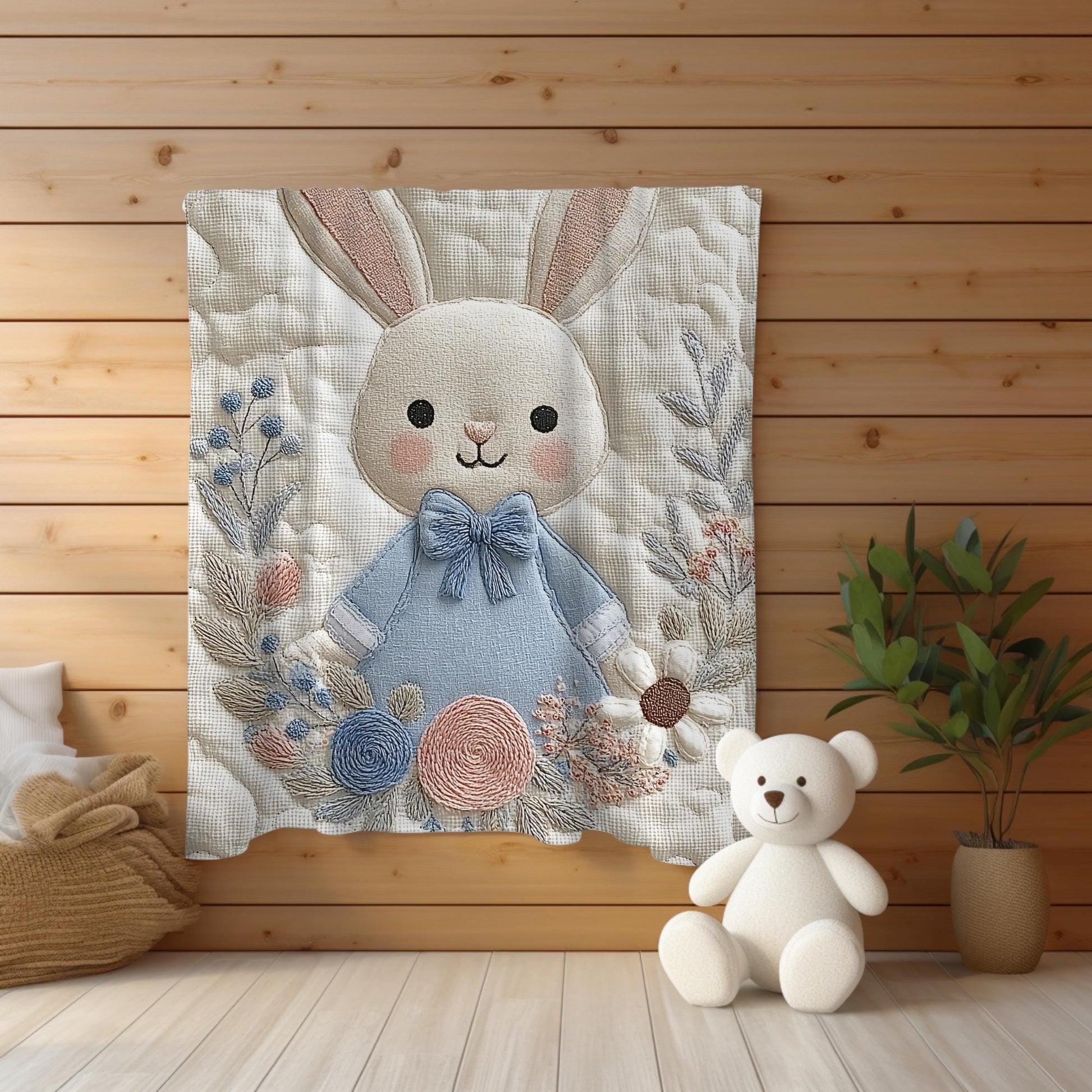 Bunny Baby blanket with embroidered-look details in soft neutral colors. A cozy newborn blanket and timeless boutique baby gift.