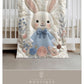 Bunny Baby blanket with embroidered-look details in soft neutral colors. A cozy newborn blanket and timeless boutique baby gift.