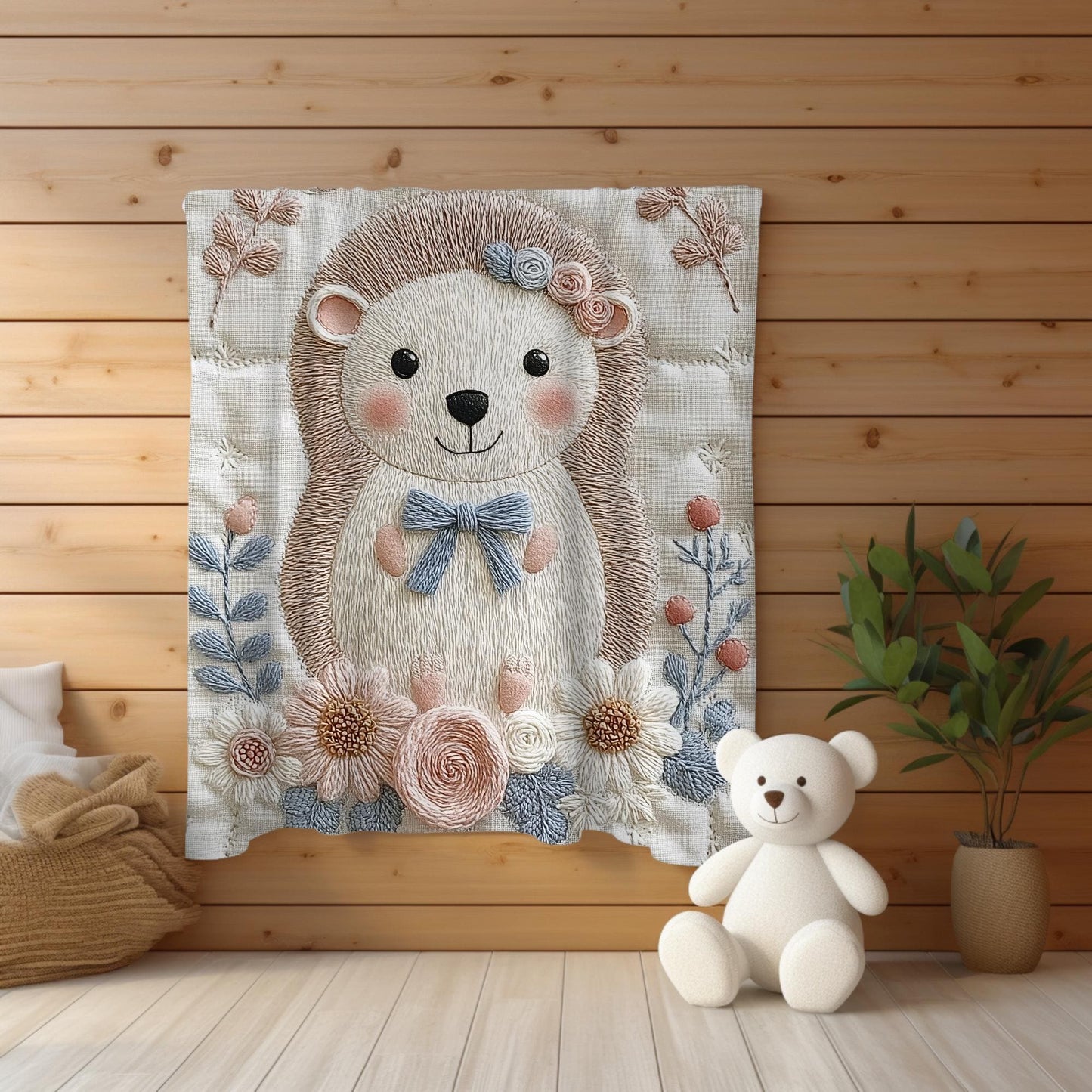 Hedgehog blanket with embroidered-look details in soft neutral colors. A cozy newborn blanket and timeless boutique baby gift.