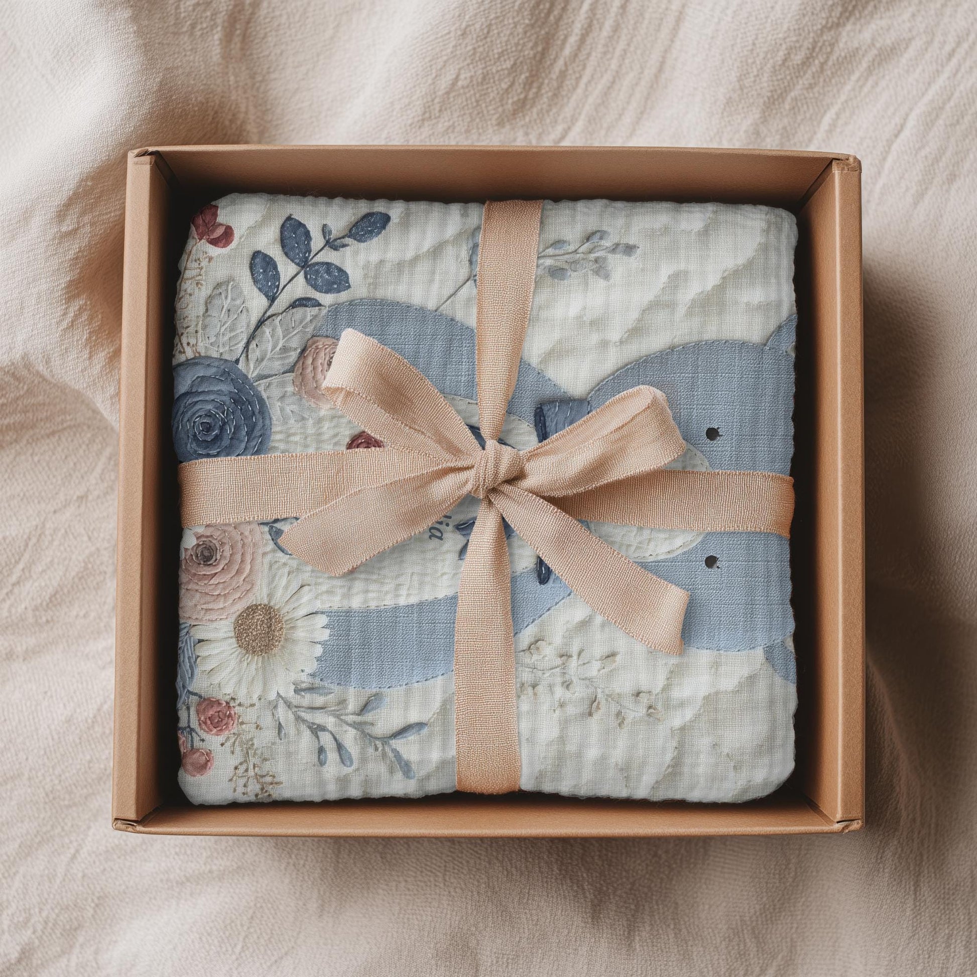 Personalized blue bear blanket with embroidered-look details in soft neutral colors. A cozy newborn blanket and timeless boutique baby gift.