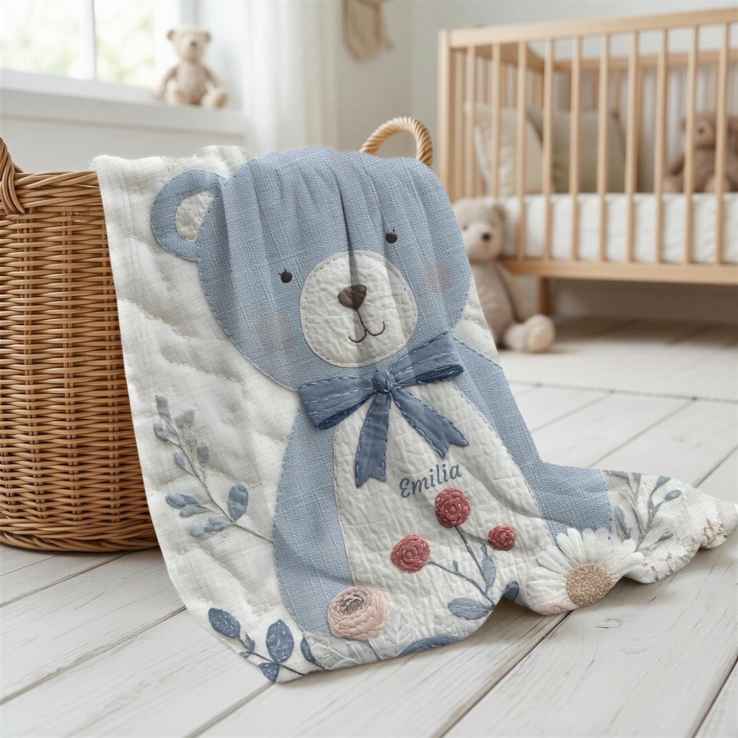 Personalized blue bear blanket with embroidered-look details in soft neutral colors. A cozy newborn blanket and timeless boutique baby gift.