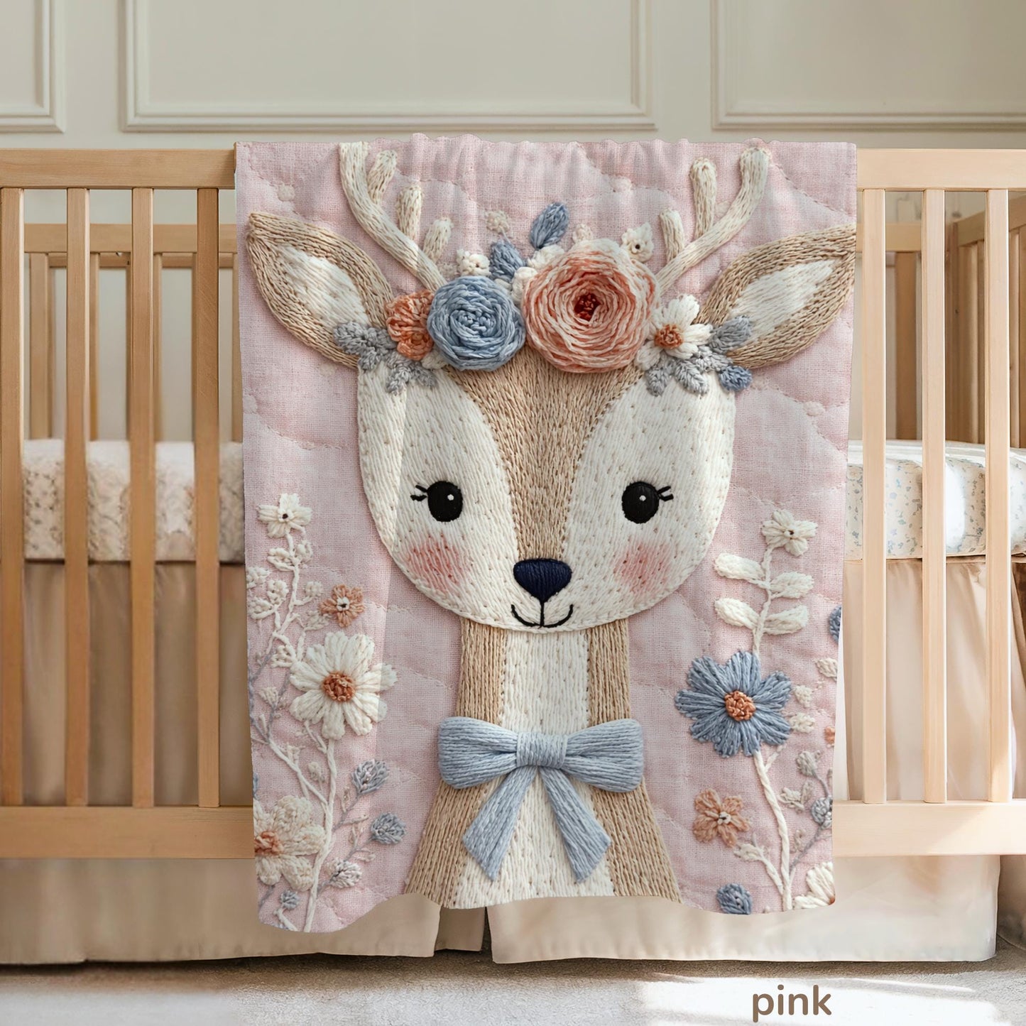 Soft embroidered-look deer baby blanket with pastel florals. Neutral tones, cozy fabric — a boutique newborn gift for calm, modern nursery decor.