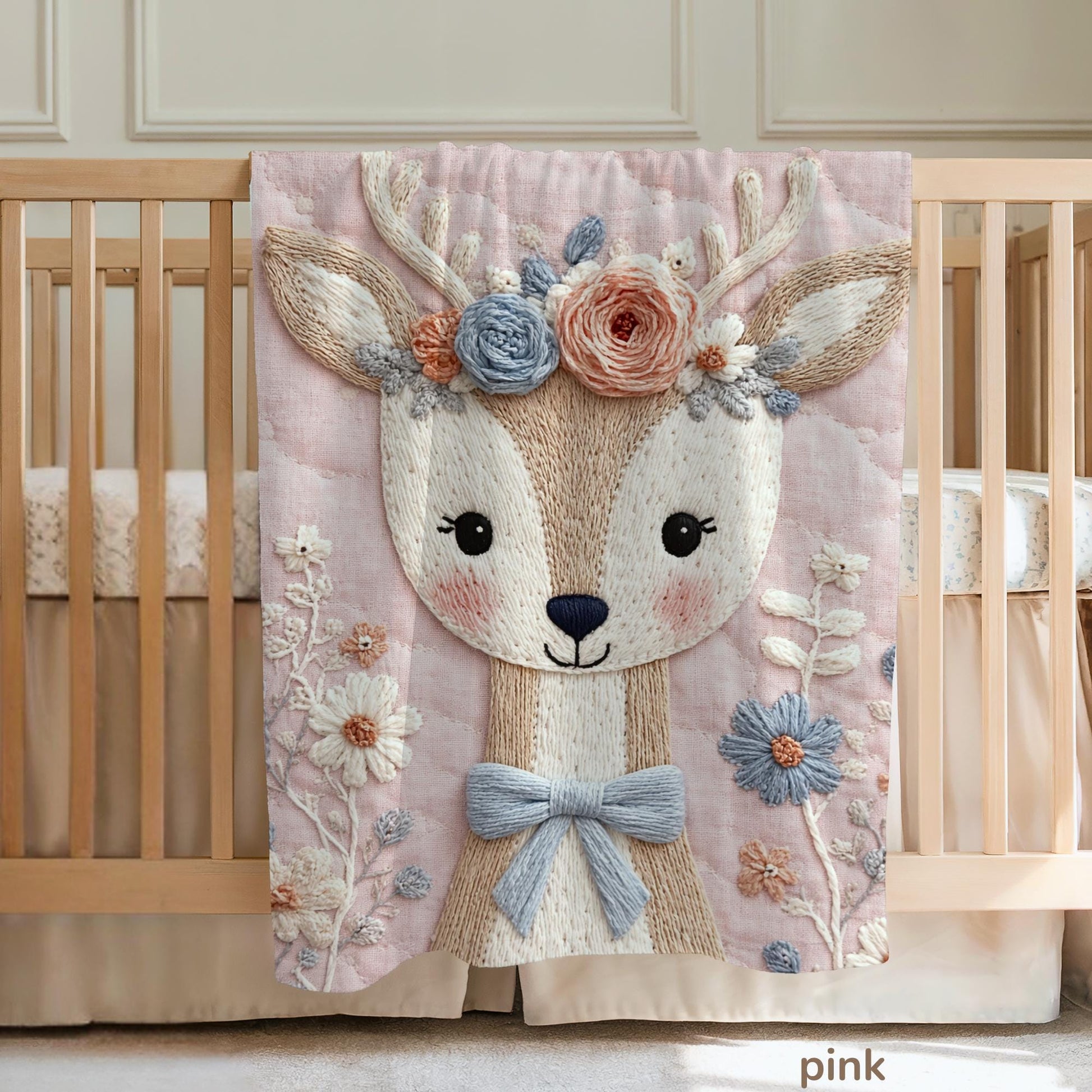 Soft embroidered-look deer baby blanket with pastel florals. Neutral tones, cozy fabric — a boutique newborn gift for calm, modern nursery decor.