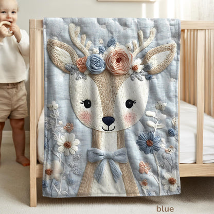 Soft embroidered-look deer baby blanket with pastel florals. Neutral tones, cozy fabric — a boutique newborn gift for calm, modern nursery decor.