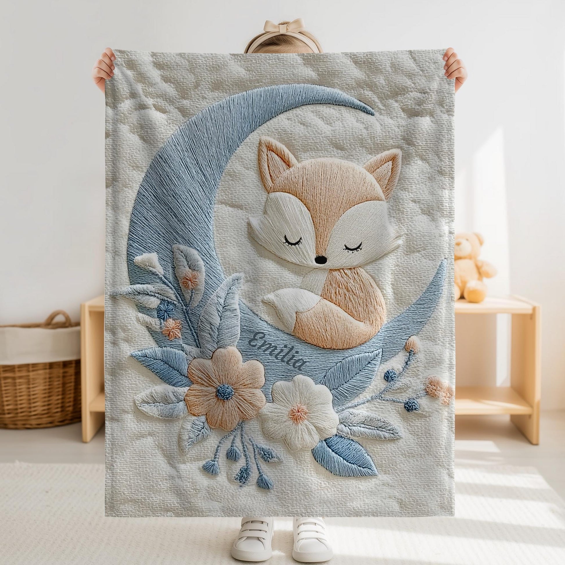Personalized fox baby blanket with name - embroidered-look details in soft neutral colors. A cozy newborn blanket and timeless boutique baby gift.