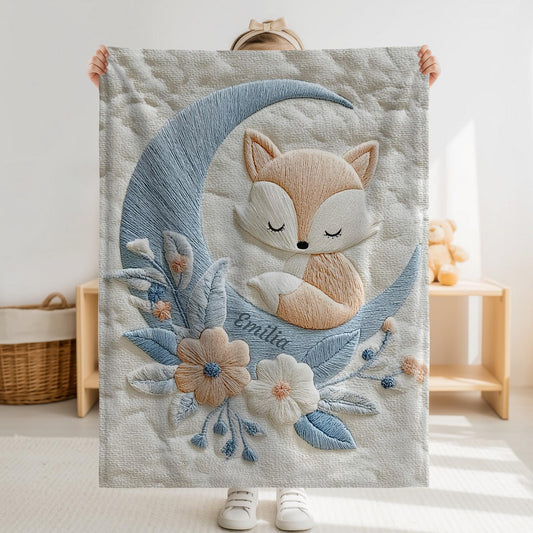 Personalized fox baby blanket with name - embroidered-look details in soft neutral colors. A cozy newborn blanket and timeless boutique baby gift.