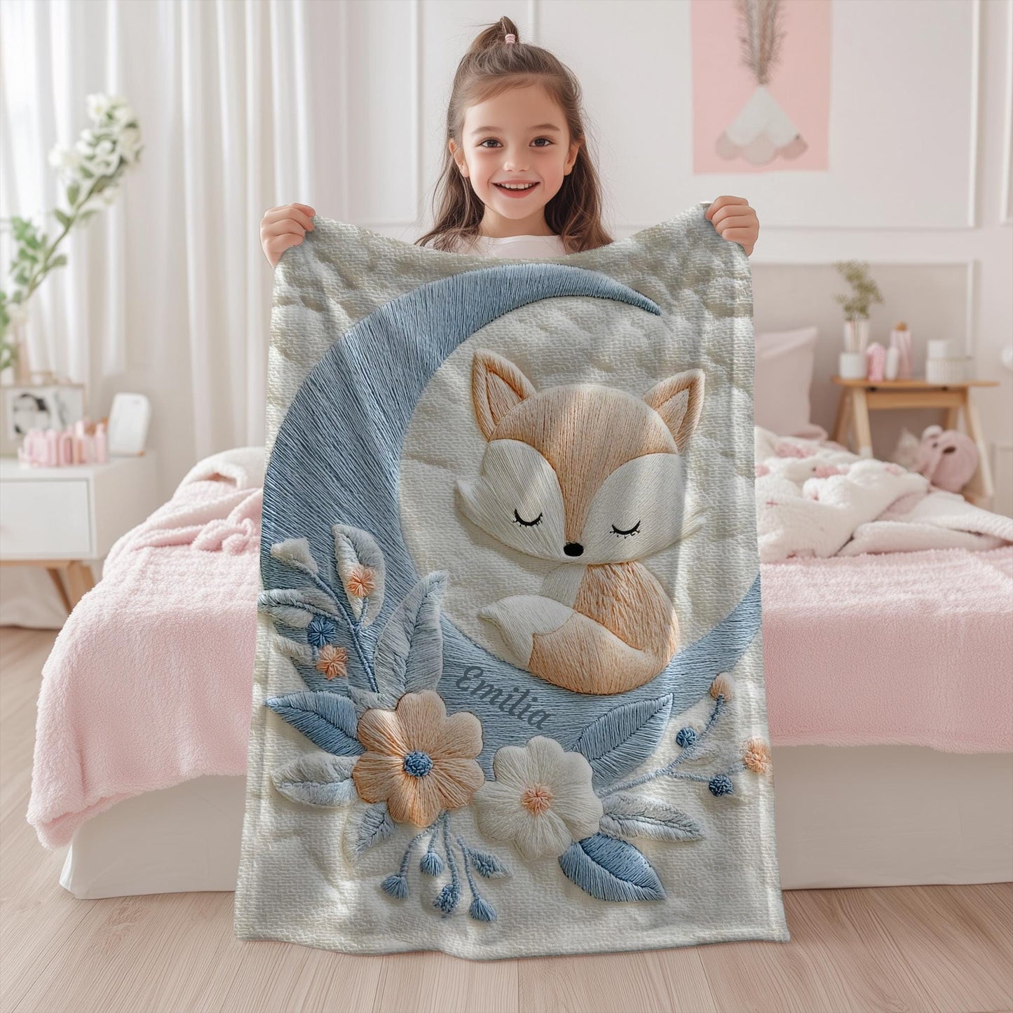 Personalized fox baby blanket with name - embroidered-look details in soft neutral colors. A cozy newborn blanket and timeless boutique baby gift.