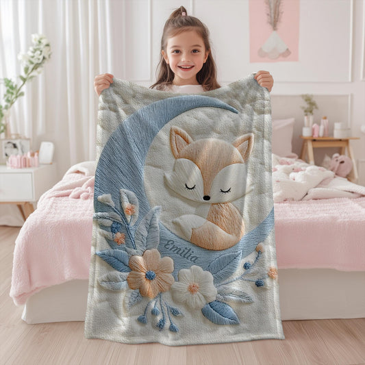 Personalized fox baby blanket with name - embroidered-look details in soft neutral colors. A cozy newborn blanket and timeless boutique baby gift.