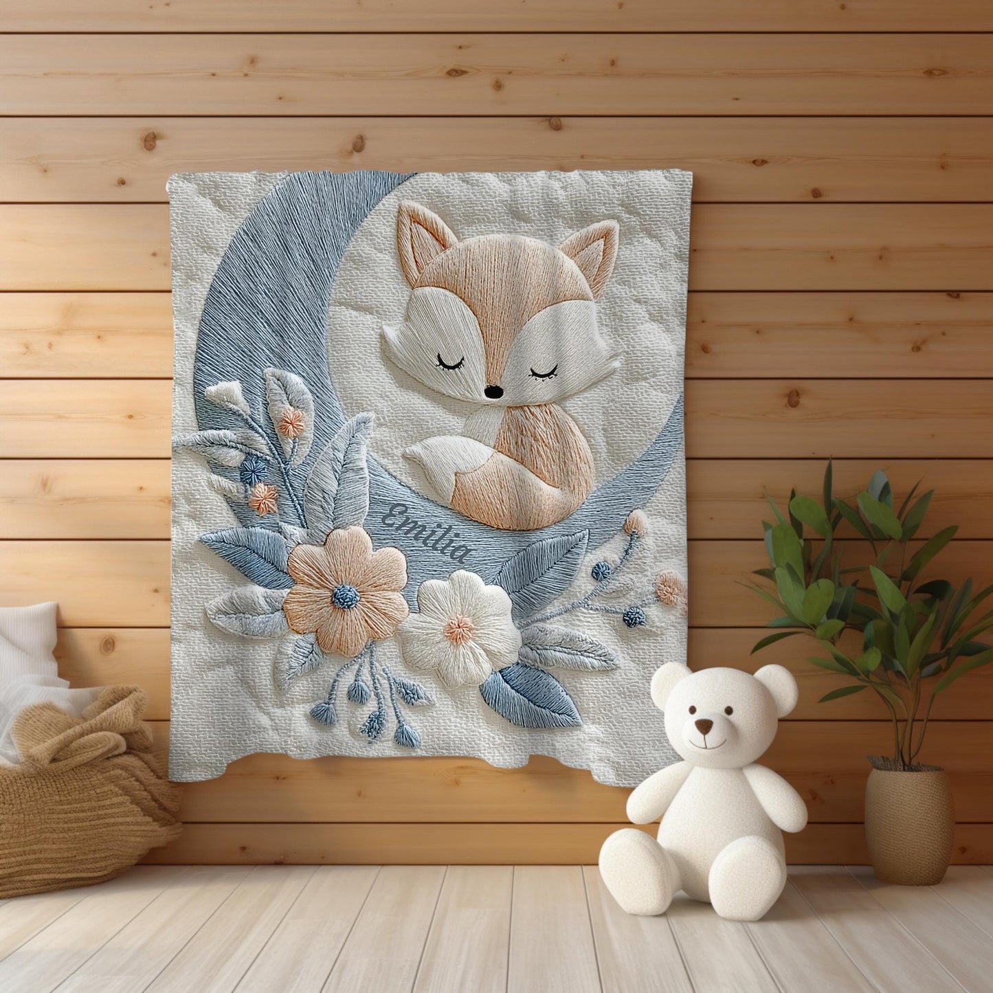 Personalized fox baby blanket with name - embroidered-look details in soft neutral colors. A cozy newborn blanket and timeless boutique baby gift.