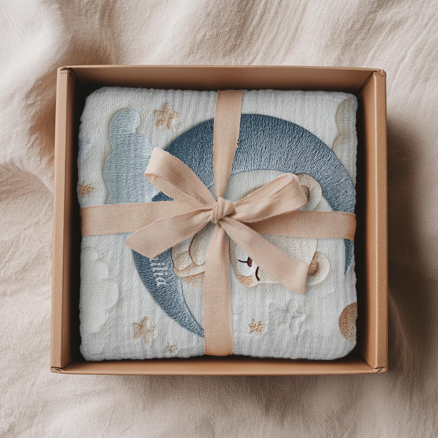 Personalized Bear baby blanket with name - embroidered look details in soft neutral colors. A cozy newborn blanket and timeless boutique baby gift.