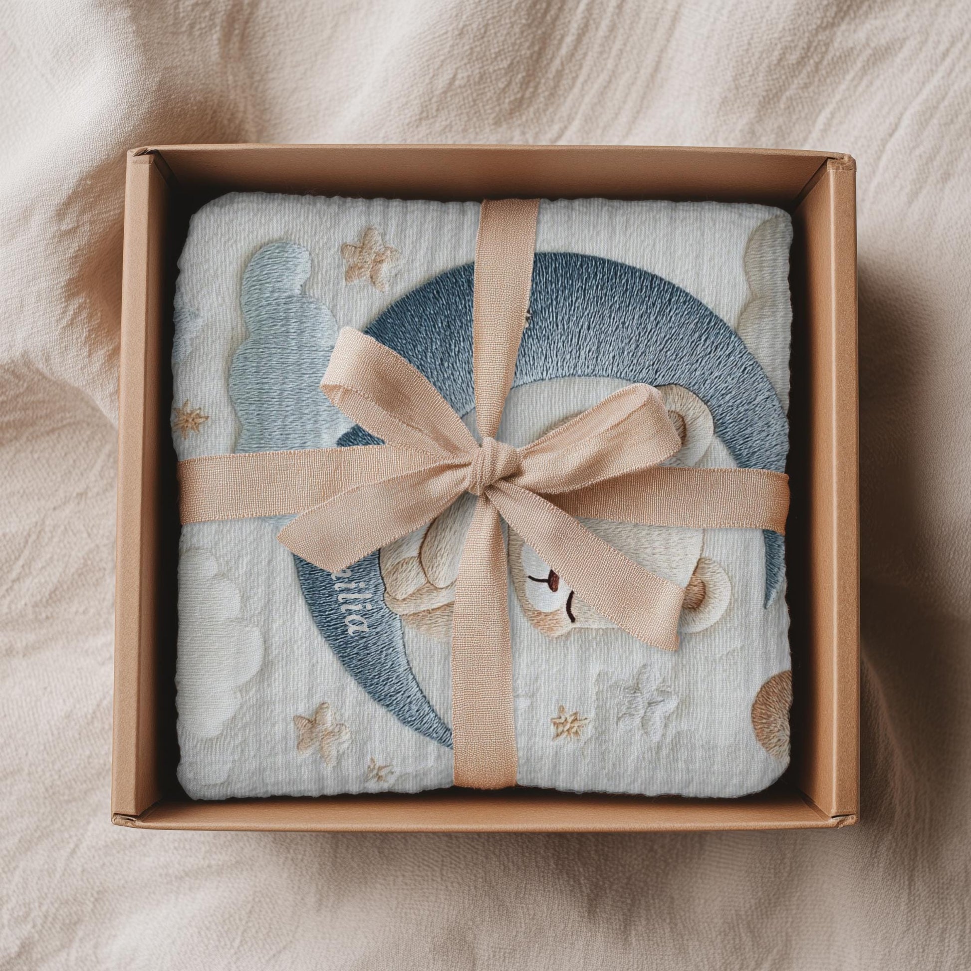 Personalized Bear baby blanket with name - embroidered look details in soft neutral colors. A cozy newborn blanket and timeless boutique baby gift.