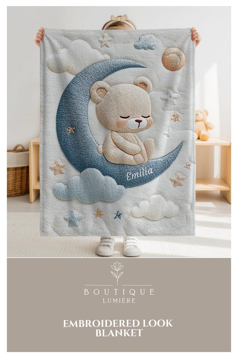 Personalized Bear baby blanket with name - embroidered look details in soft neutral colors. A cozy newborn blanket and timeless boutique baby gift.