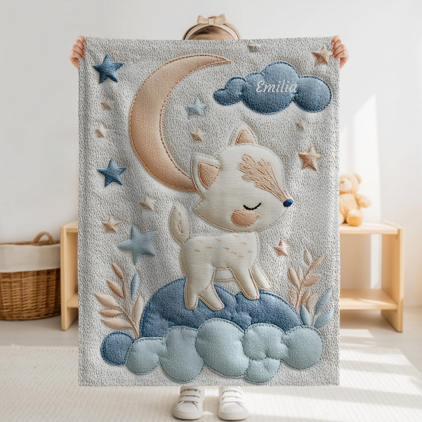 Personalized fox woodland baby blanket with name - embroidered look details in soft neutral colors. A cozy newborn blanket and timeless boutique baby gift.