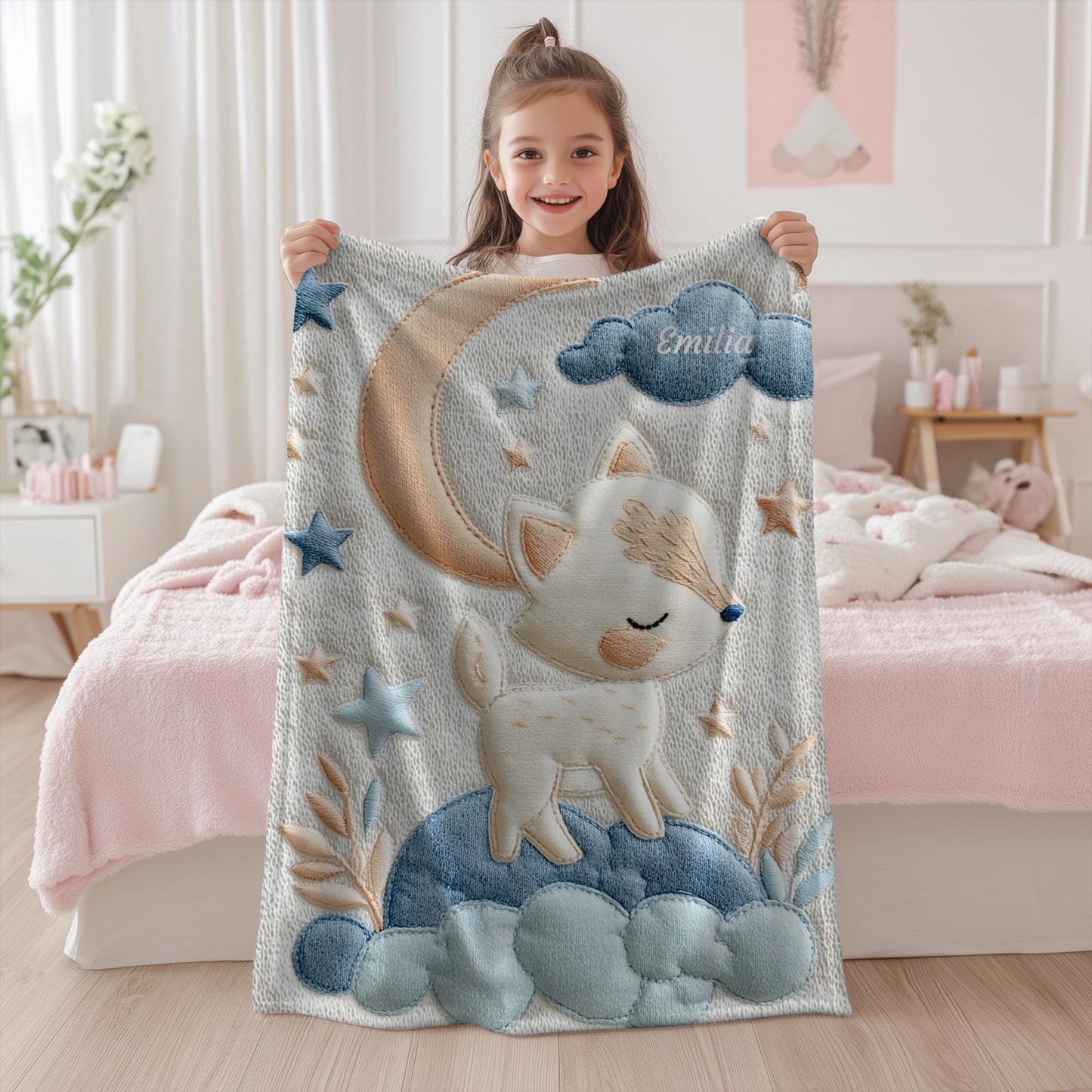 Personalized fox woodland baby blanket with name - embroidered look details in soft neutral colors. A cozy newborn blanket and timeless boutique baby gift.