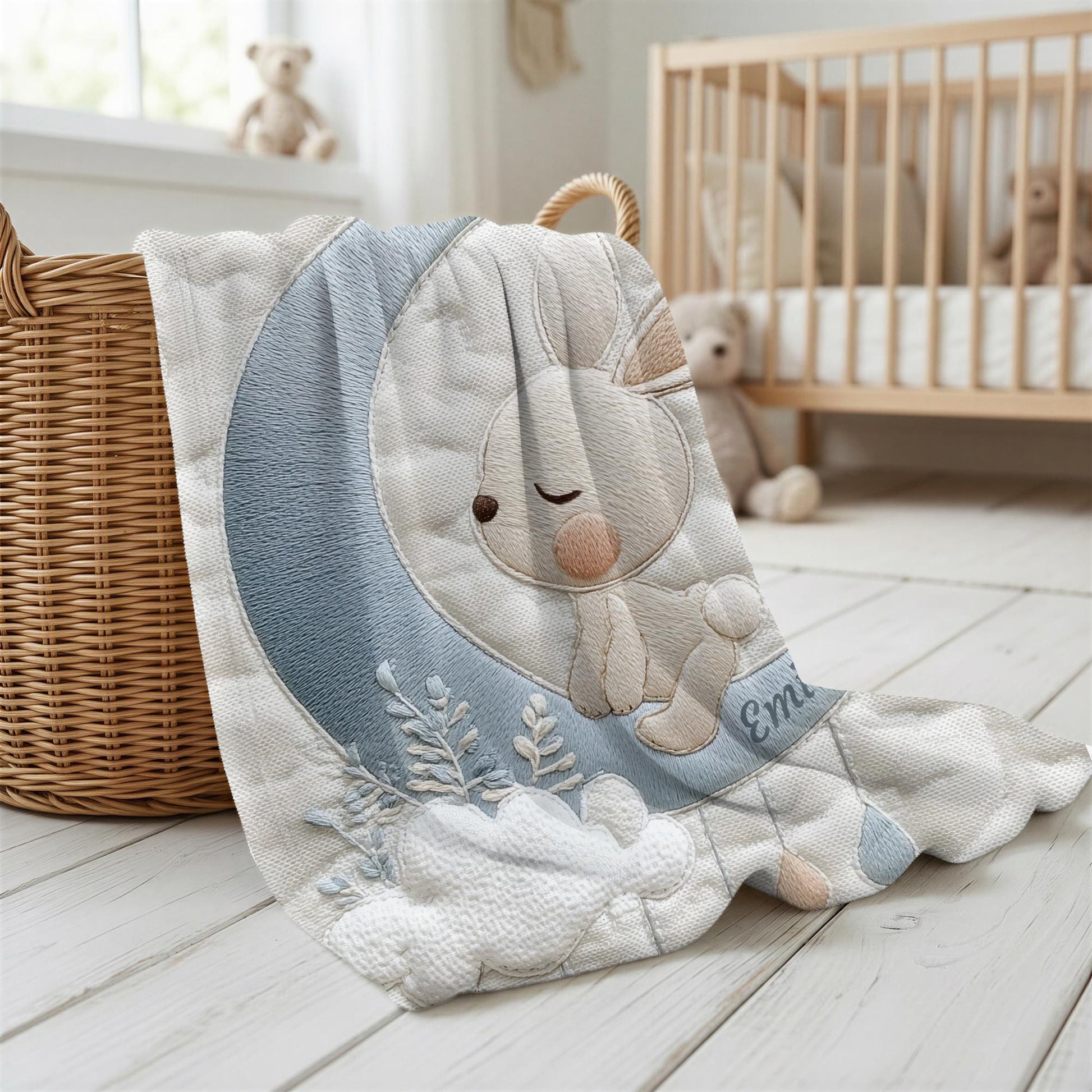 This personalized bunny woodland baby blanket features a timeless embroidered-look design that feels soft, calm, and beautifully refined. Made to be both cozy and meaningful, it’s a keepsake blanket parents will treasure.