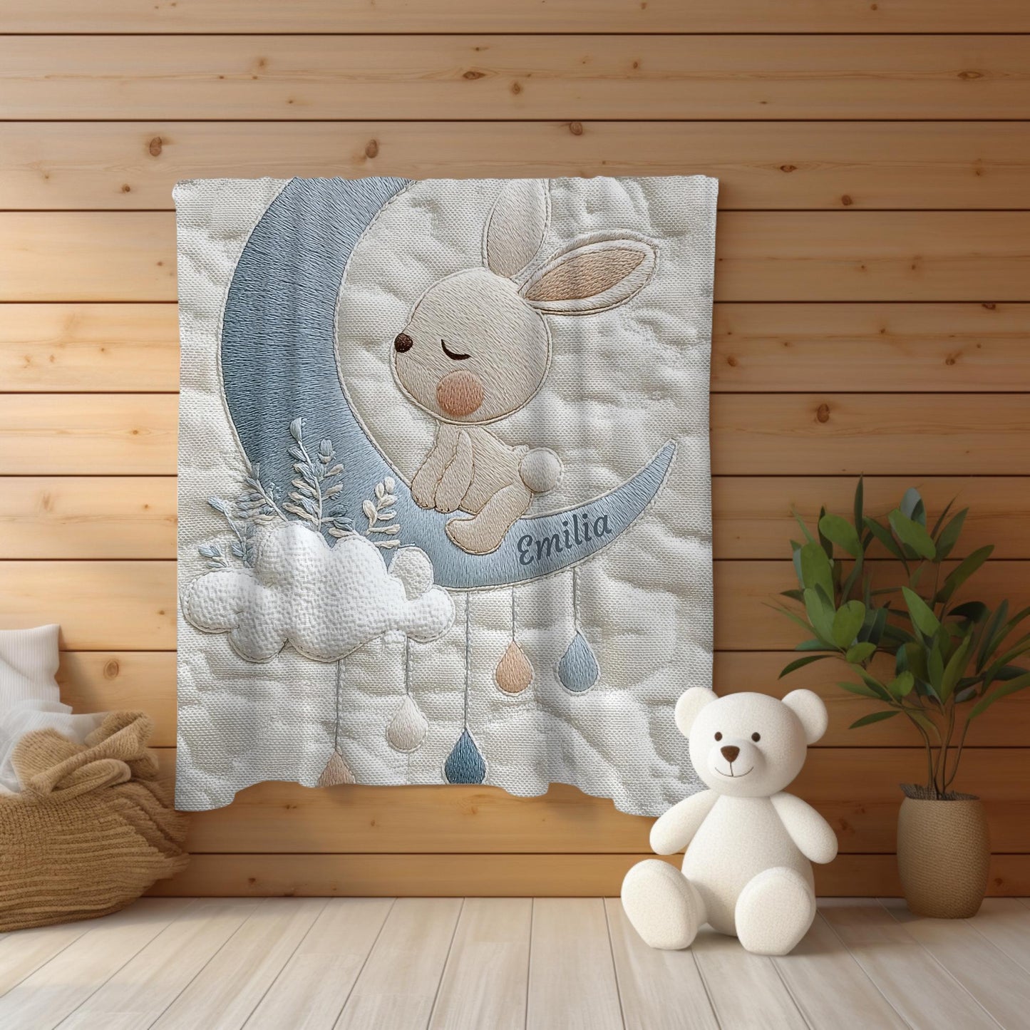 This personalized bunny woodland baby blanket features a timeless embroidered-look design that feels soft, calm, and beautifully refined. Made to be both cozy and meaningful, it’s a keepsake blanket parents will treasure.