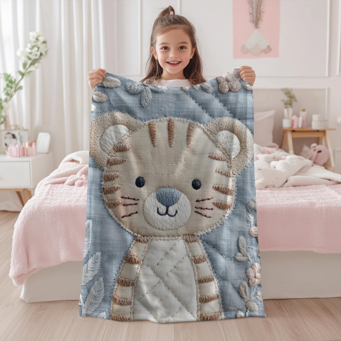 Soft embroidered-look baby blanket featuring a calm tiger motif with delicate floral details. Gentle neutral and pastel tones — a timeless boutique-style gift for modern, serene nurseries.