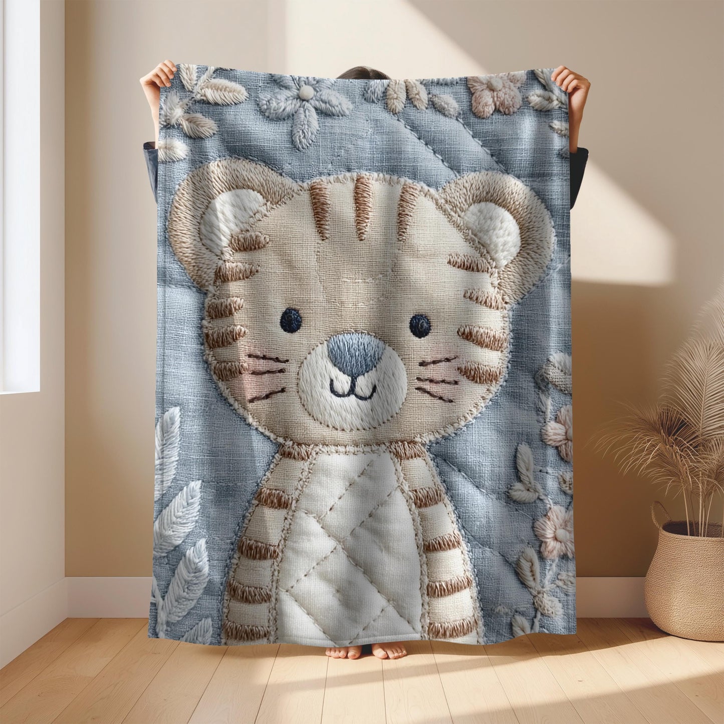 Soft embroidered-look baby blanket featuring a calm tiger motif with delicate floral details. Gentle neutral and pastel tones — a timeless boutique-style gift for modern, serene nurseries.