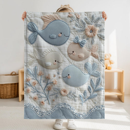 Soft embroidered-look baby blanket featuring a calm fish motif with delicate floral details. Gentle neutral and pastel tones — a timeless boutique-style gift for modern, serene nurseries.