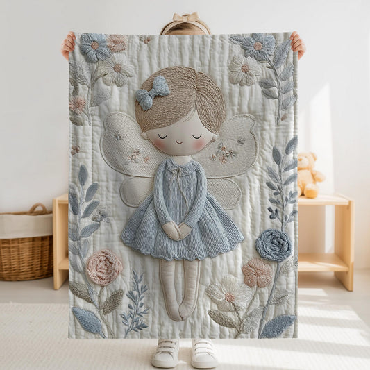 A soft embroidered-look baby blanket featuring a gentle angel fairy design in calm neutral tones. A timeless heirloom piece for modern nurseries, keepsakes and meaningful baby gifts.
