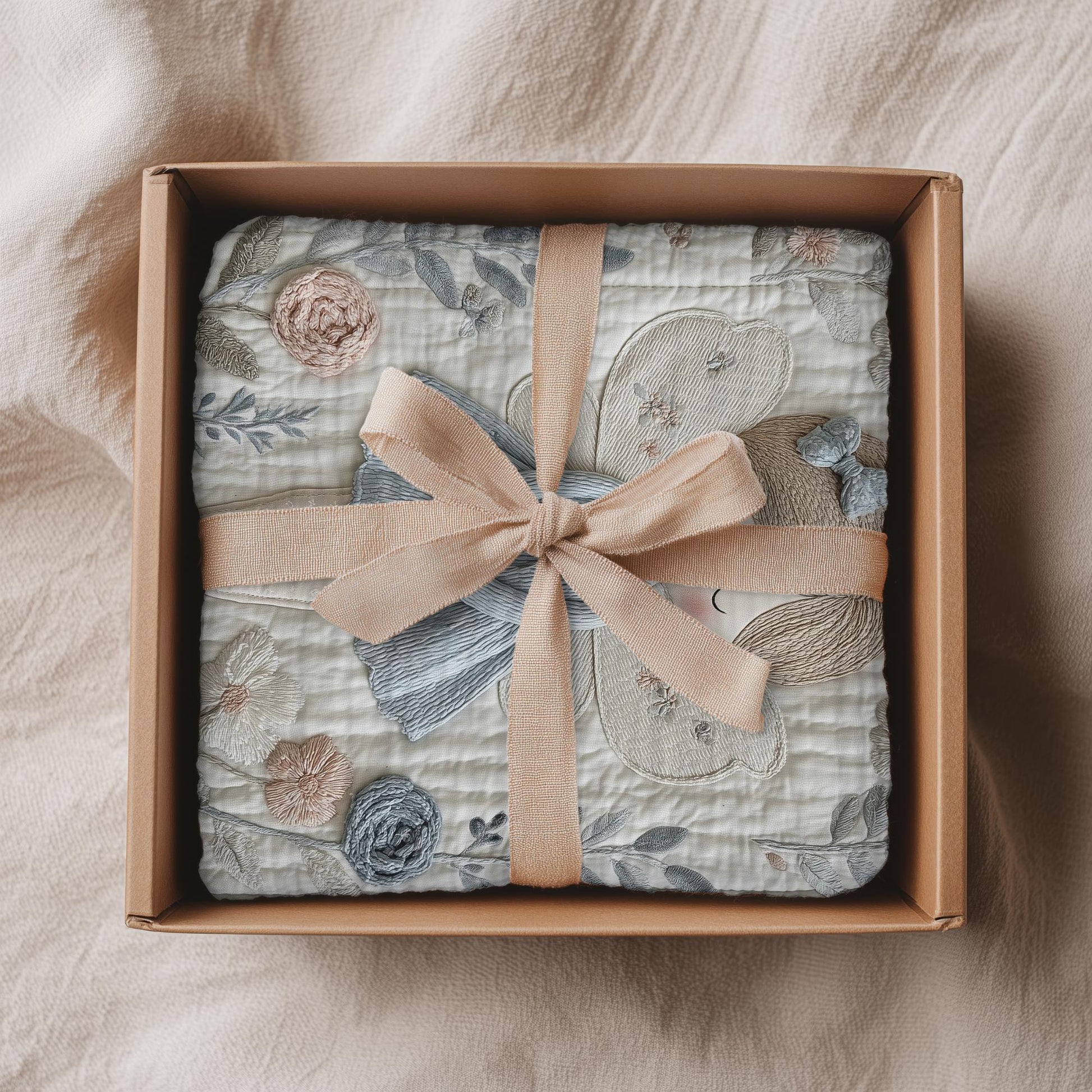 A soft embroidered-look baby blanket featuring a gentle angel fairy design in calm neutral tones. A timeless heirloom piece for modern nurseries, keepsakes and meaningful baby gifts.