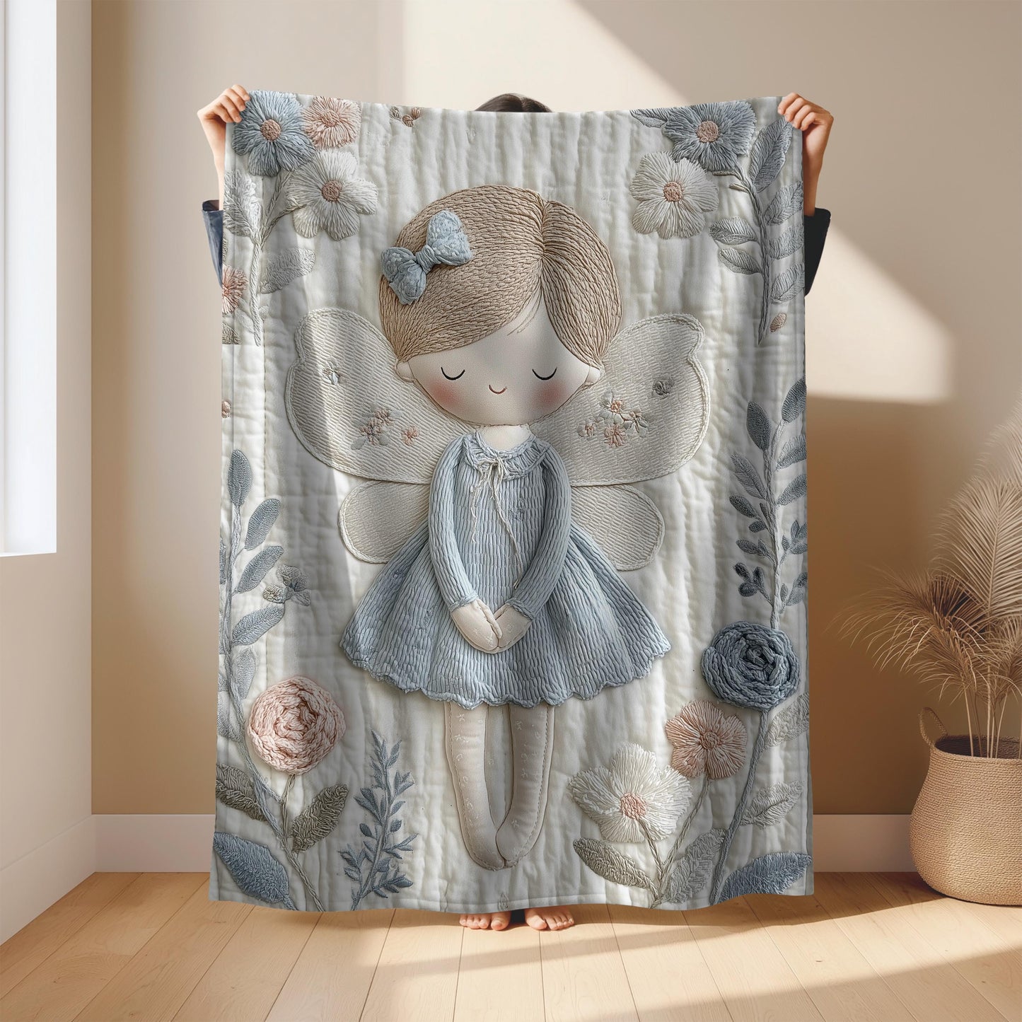 Embroidered Look Angel Baby Blanket • Fairy Nursery Decor • Neutral Baby Blanket • Heirloom Keepsake • Boutique Baby Gift for Babyshower