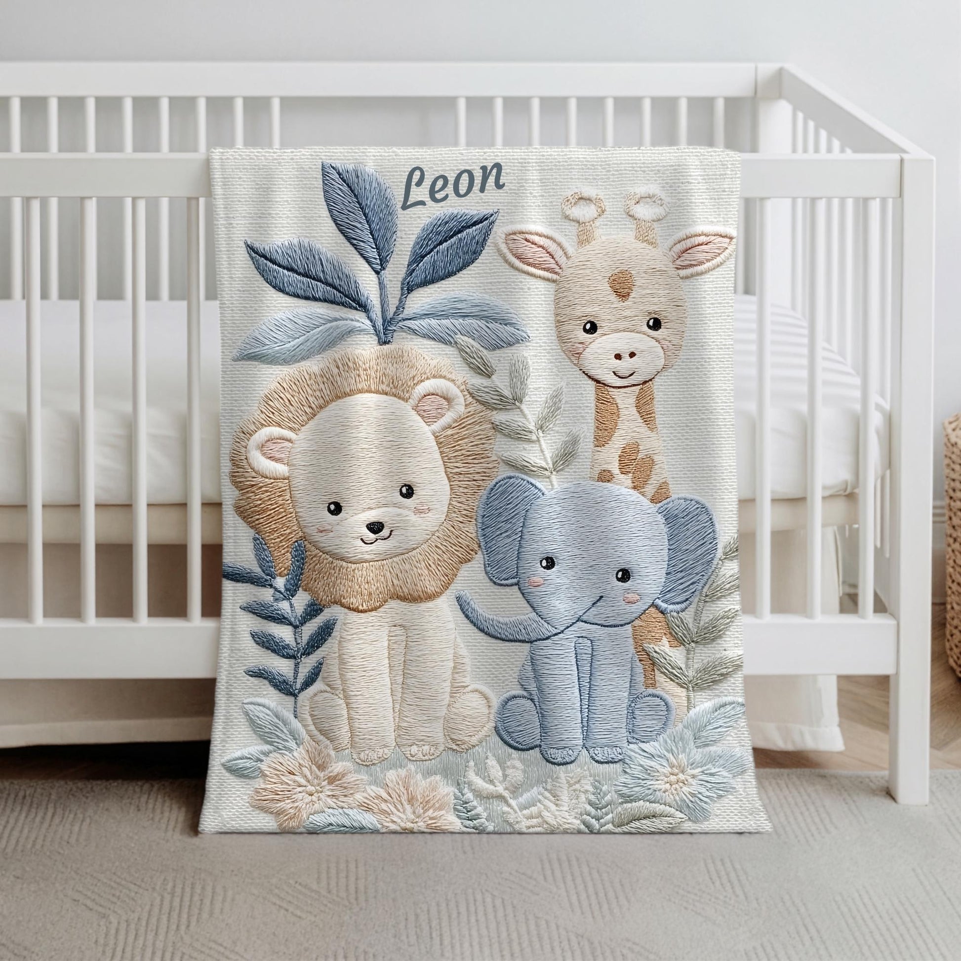 Personalized Safari baby blanket with name - embroidered look details in soft neutral colors. A cozy newborn blanket and timeless boutique baby gift.