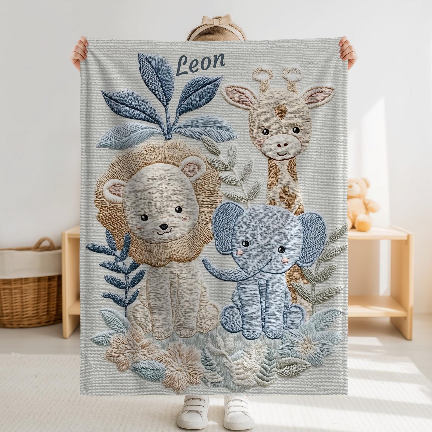 Personalized Safari baby blanket with name - embroidered look details in soft neutral colors. A cozy newborn blanket and timeless boutique baby gift.