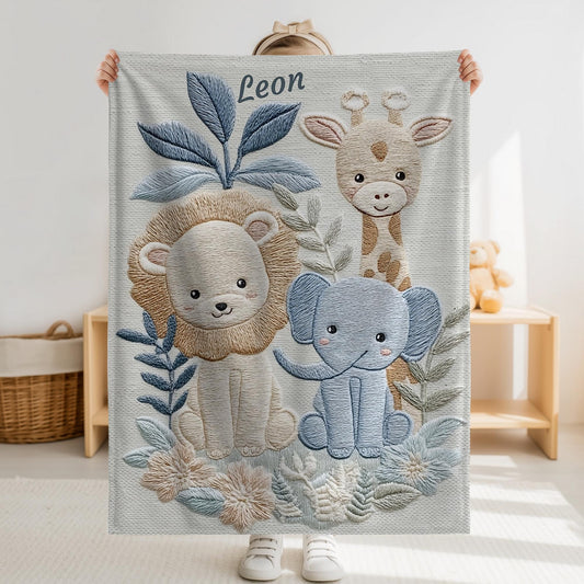Personalized Safari baby blanket with name - embroidered look details in soft neutral colors. A cozy newborn blanket and timeless boutique baby gift.