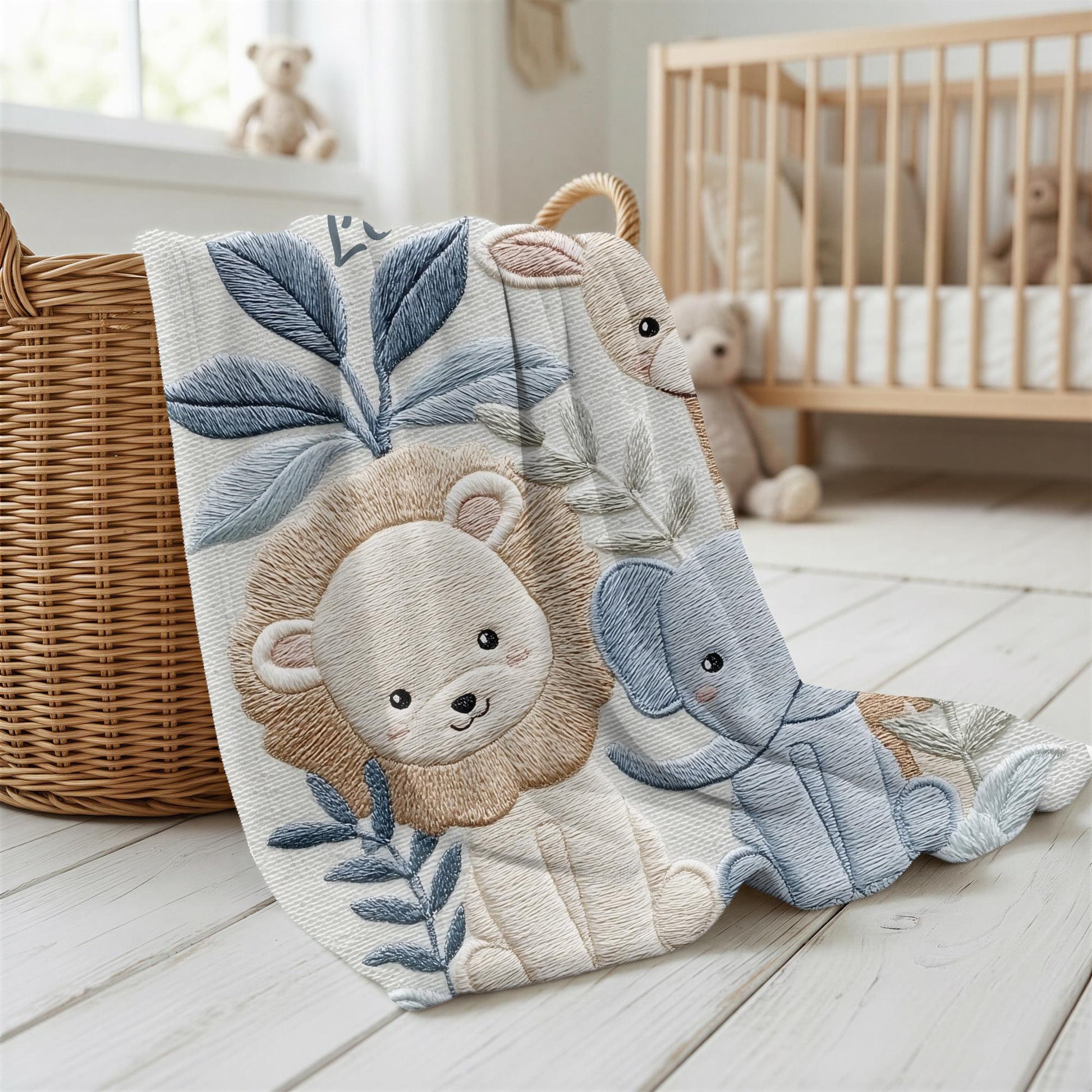 Personalized Safari baby blanket with name - embroidered look details in soft neutral colors. A cozy newborn blanket and timeless boutique baby gift.