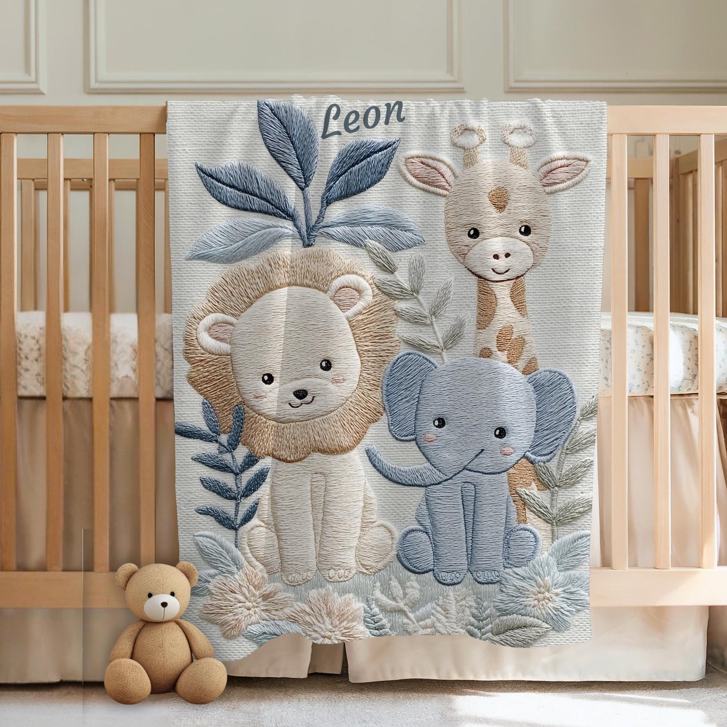 Personalized Safari baby blanket with name - embroidered look details in soft neutral colors. A cozy newborn blanket and timeless boutique baby gift.