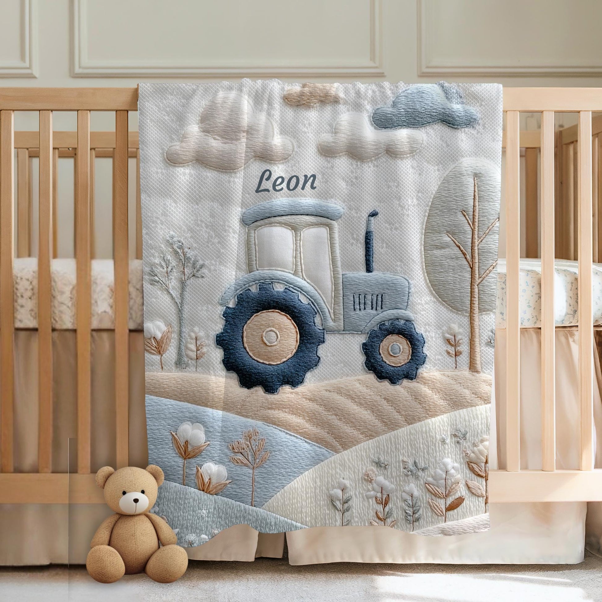 Personalized Tractor Baby Blanket with Name – Farm Baby Blanket for Boys, Neutral Nursery Decor, Baby Shower Gift